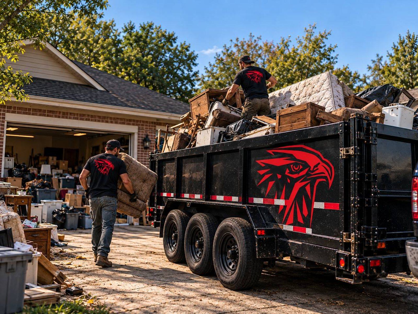 Falcon Construction crew carrying furniture out of a garage and loading it into a dump trailer during a property cleanout