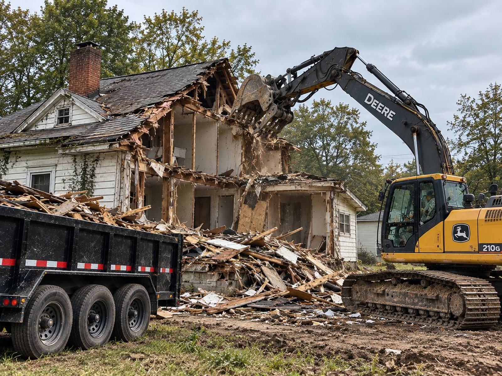 Excavator taking down the upper floor of an old two-story house with debris piled in front