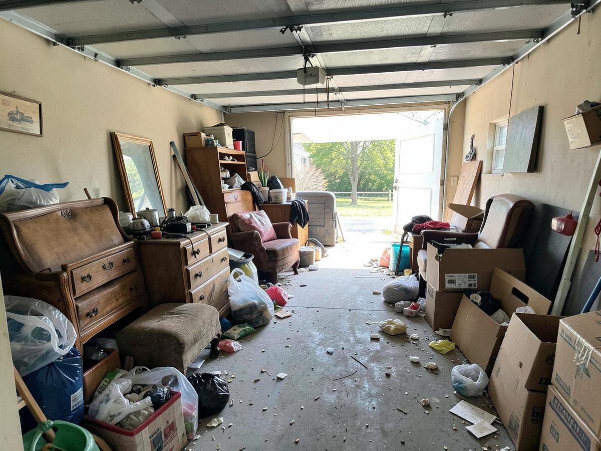 Garage packed with old furniture and boxes before a property cleanout in Hardin County, TN
